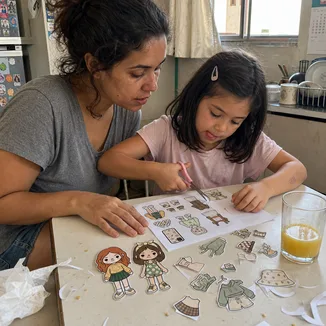 Mãe e filha brincando com bonecas de papel 1