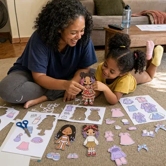 Mãe e filha brincando com bonecas de papel 2