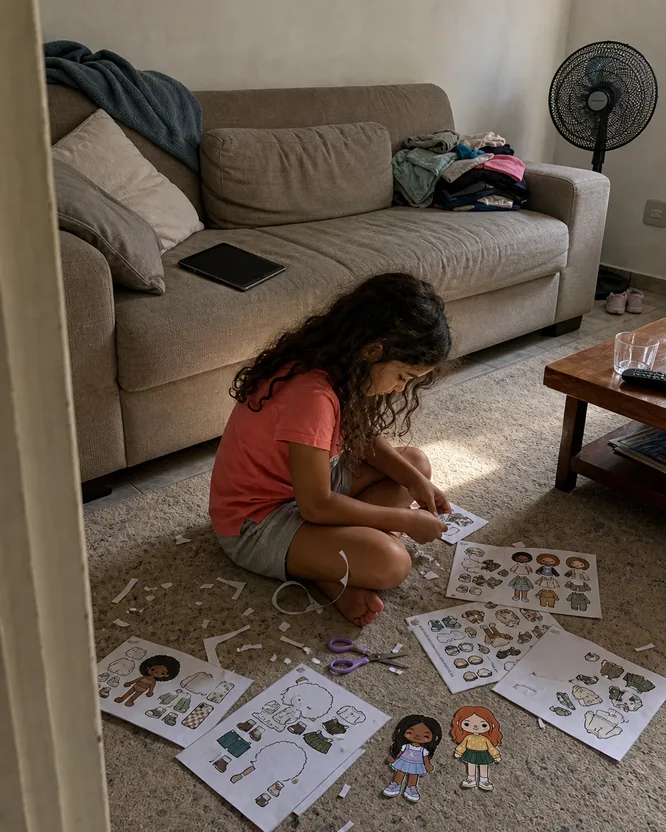 Manuela brincando no tapete enquanto o tablet fica esquecido no sofá
