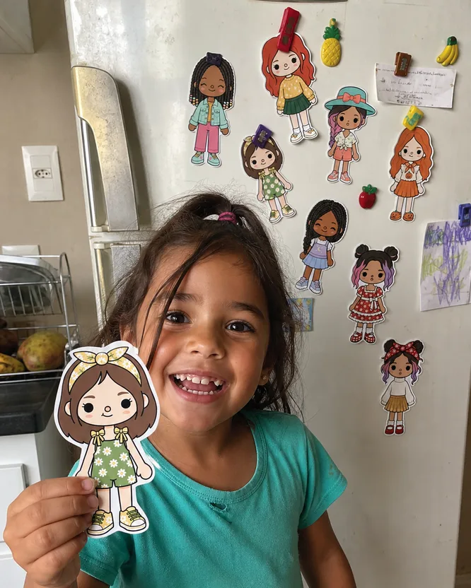 Alice sorrindo mostrando uma boneca de papel que acabou de montar